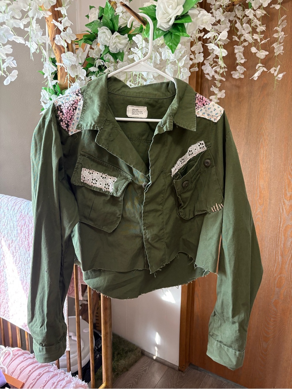 Vintage Olive Green Patchwork Military-Style Cropped Jacket